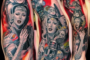 full sleeve, Sci-fi pulp comic cover art style, scene, full sleeve, full color, mars attacks, battle, colorful tattoo idea