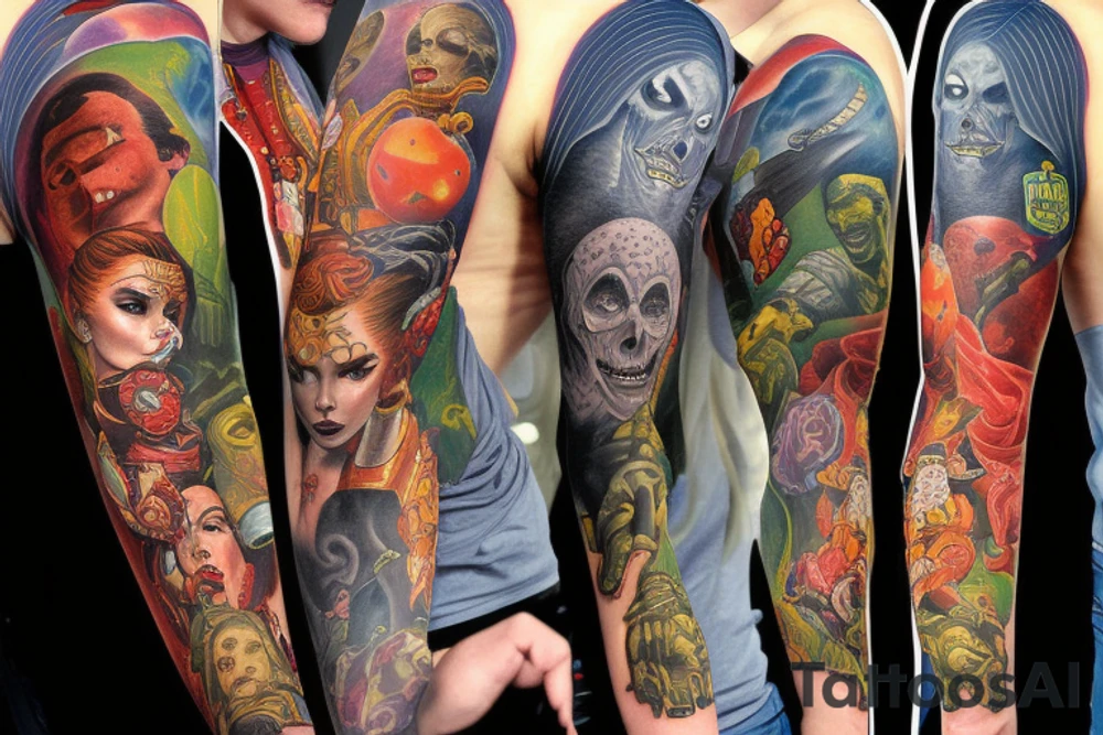 full sleeve, Sci-fi pulp comic cover art style, scene, full sleeve, full color, mars attacks, battle, colorful tattoo idea