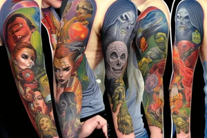 full sleeve, Sci-fi pulp comic cover art style, scene, full sleeve, full color, mars attacks, battle, colorful tattoo idea