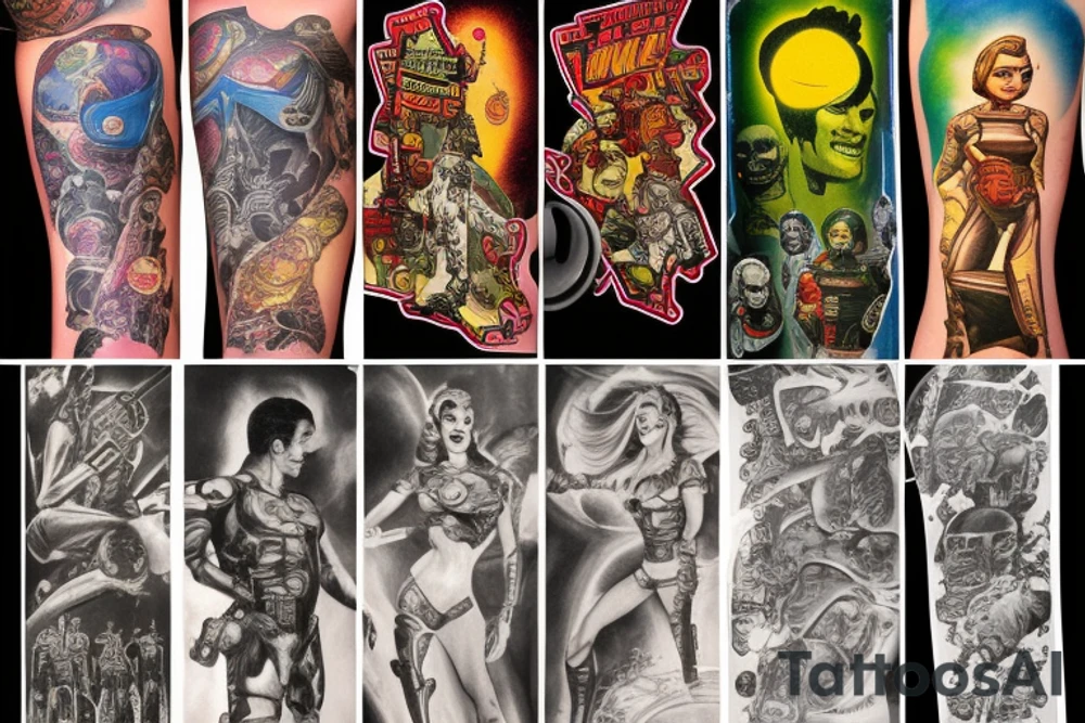 full sleeve, Sci-fi pulp comic cover art style, scene, full sleeve, full color, mars attacks, battle, colorful tattoo idea