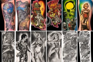 full sleeve, Sci-fi pulp comic cover art style, scene, full sleeve, full color, mars attacks, battle, colorful tattoo idea