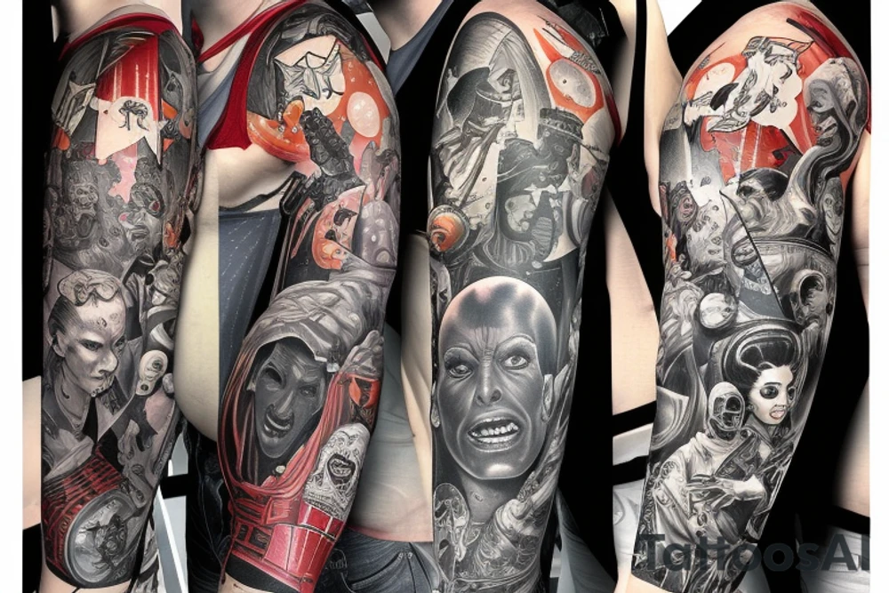 full sleeve, Sci-fi pulp comic cover art style, scene, full sleeve, full color, mars attacks, battle, colorful tattoo idea