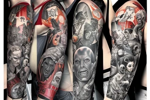 full sleeve, Sci-fi pulp comic cover art style, scene, full sleeve, full color, mars attacks, battle, colorful tattoo idea