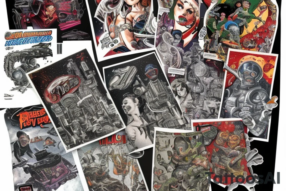 full sleeve, Sci-fi pulp comic cover art style, full scene, full sleeve, full color, mars attacks, battle, colorful tattoo idea