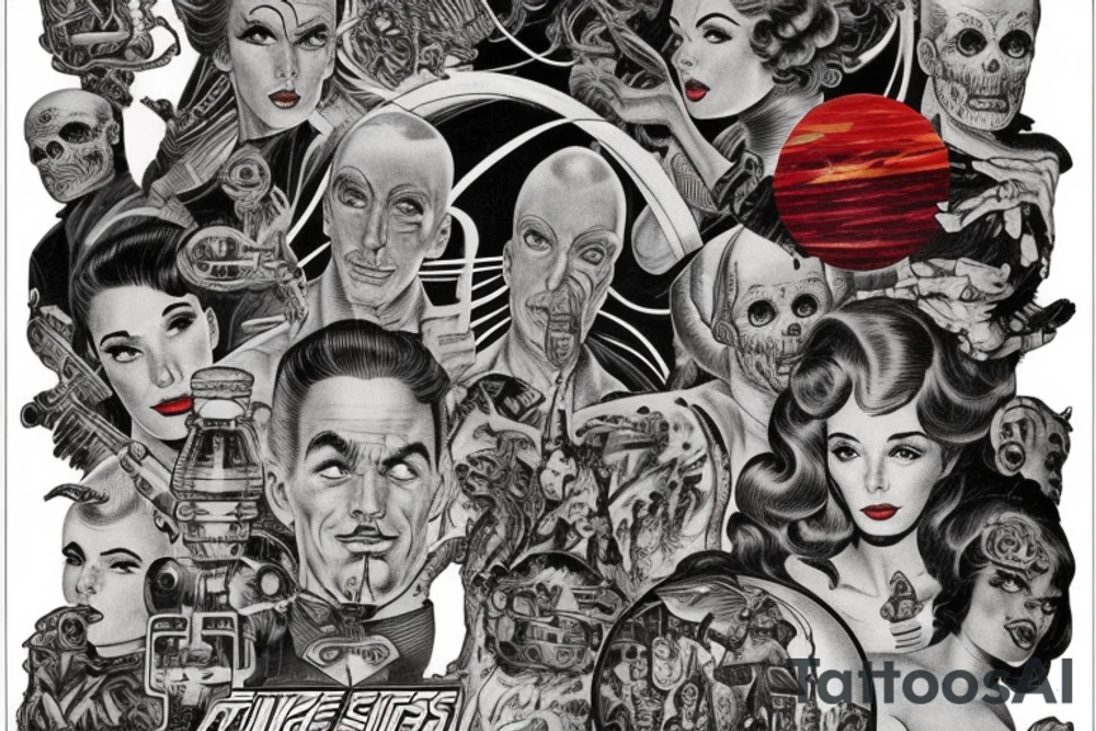 full sleeve, Sci-fi pulp comic cover art style, full scene, full sleeve, full color, mars attacks, battle, colorful tattoo idea