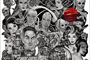 full sleeve, Sci-fi pulp comic cover art style, full scene, full sleeve, full color, mars attacks, battle, colorful tattoo idea