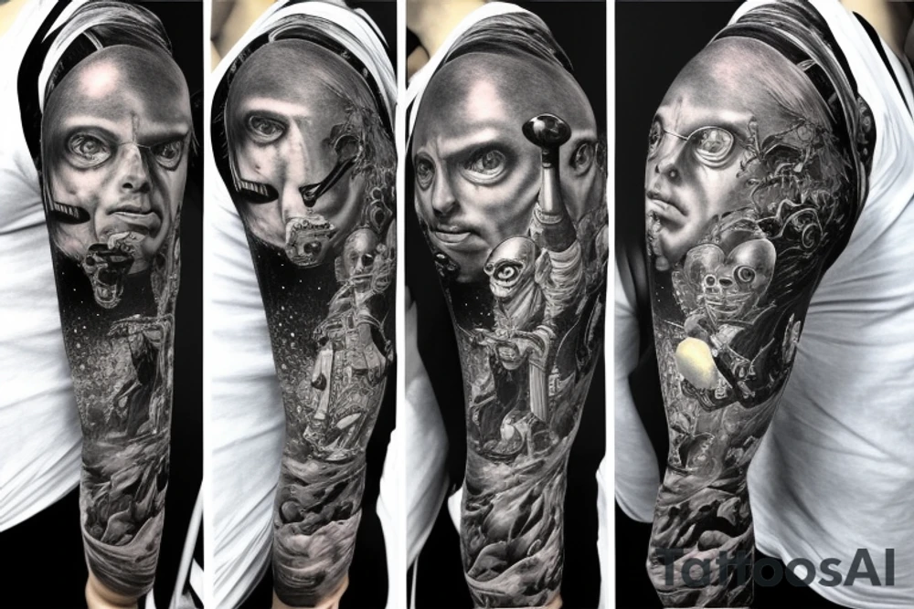 full sleeve, Sci-fi art style, full scene, full sleeve, full color, mars attacks, battle, colorful tattoo idea