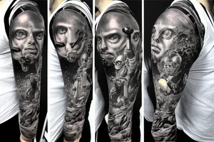 full sleeve, Sci-fi art style, full scene, full sleeve, full color, mars attacks, battle, colorful tattoo idea