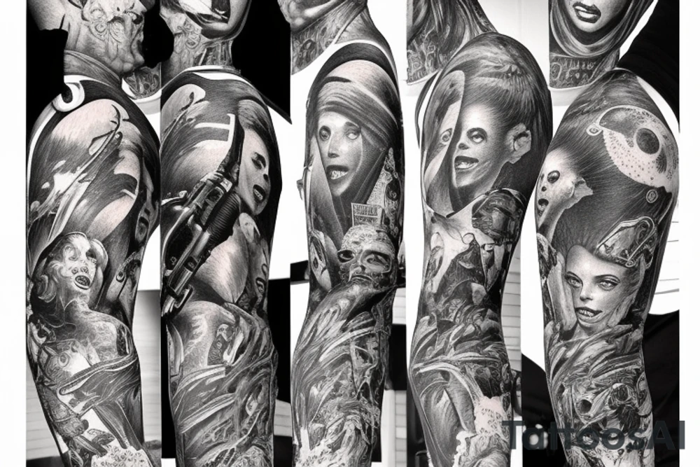 full sleeve, Sci-fi art style, full scene, full sleeve, full color, mars attacks, battle, colorful tattoo idea