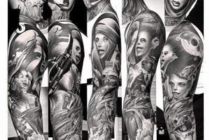 full sleeve, Sci-fi art style, full scene, full sleeve, full color, mars attacks, battle, colorful tattoo idea