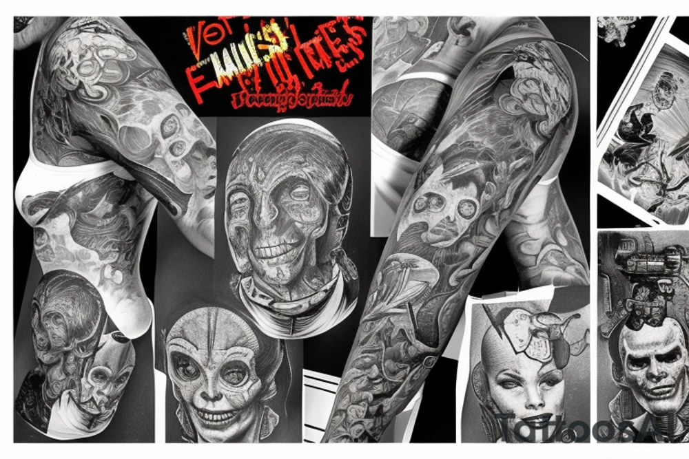 full sleeve, Sci-fi art style, full scene, full sleeve, full color, mars attacks, battle, colorful tattoo idea
