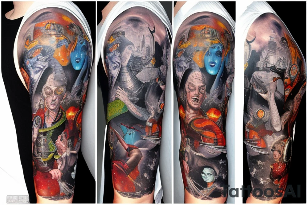 full sleeve, Sci-fi art style, full scene, full sleeve, full color, mars attacks, battle, colorful tattoo idea