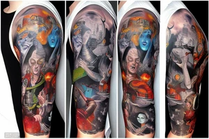 full sleeve, Sci-fi art style, full scene, full sleeve, full color, mars attacks, battle, colorful tattoo idea