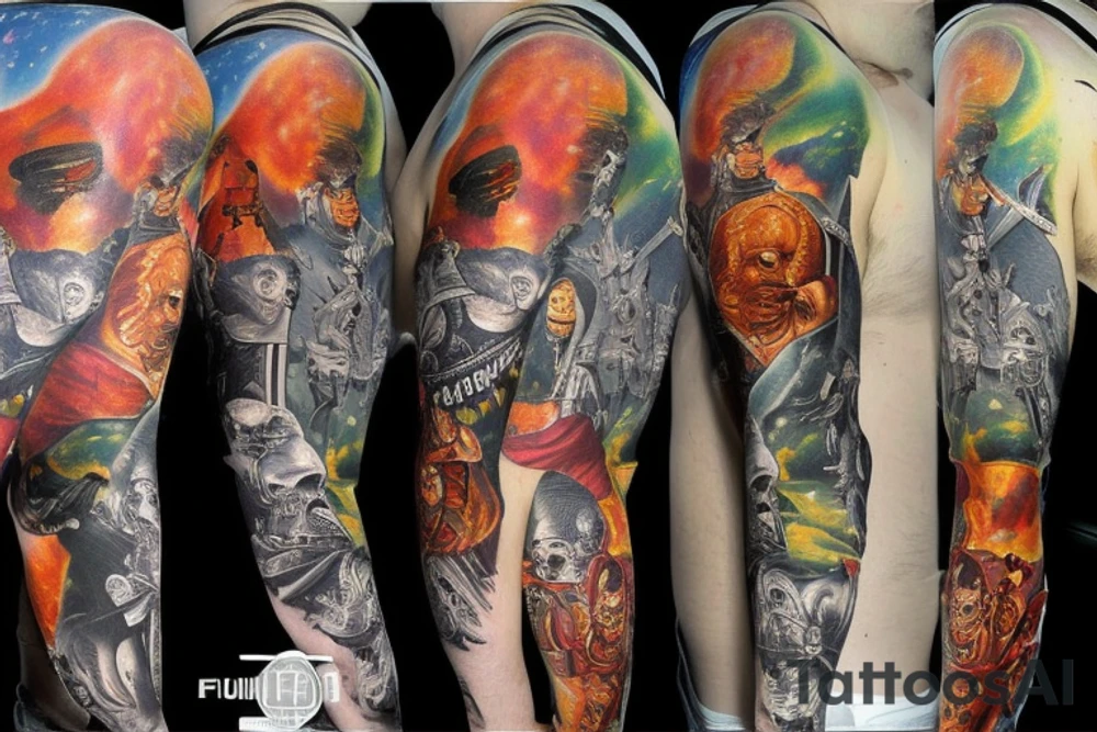 full sleeve, Sci-fi art style, full scene, full sleeve, full color, mars attacks, battle, colorful tattoo idea