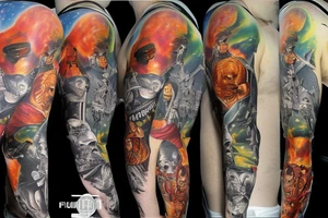 full sleeve, Sci-fi art style, full scene, full sleeve, full color, mars attacks, battle, colorful tattoo idea