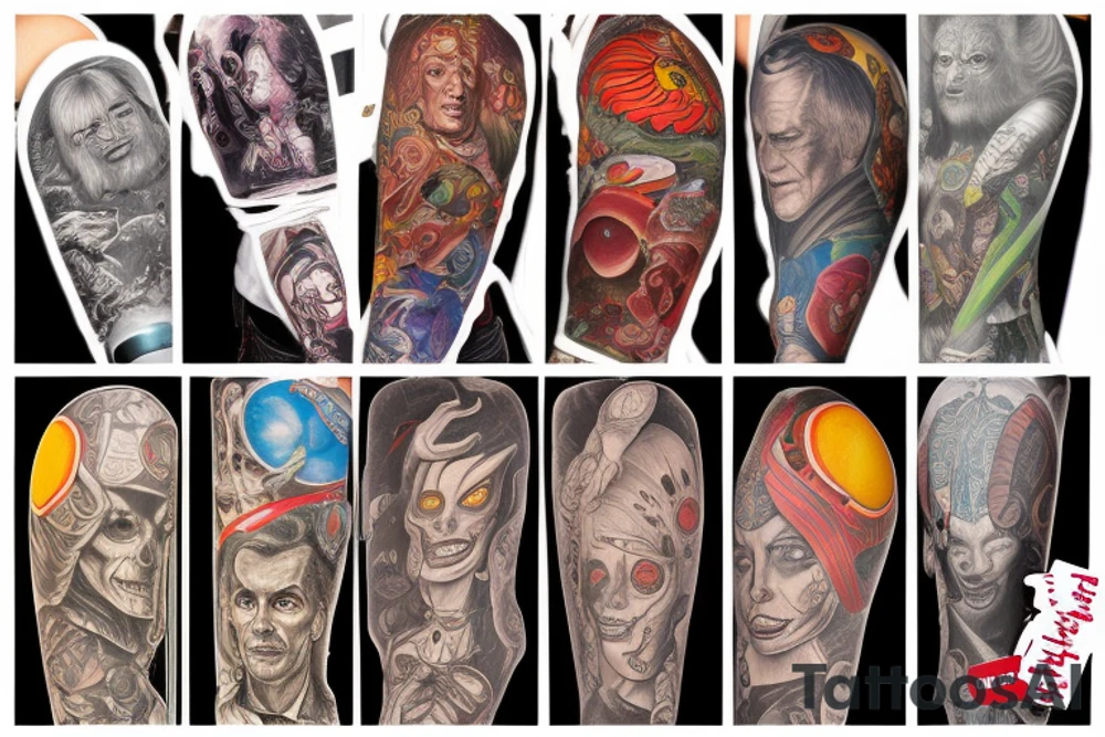 full sleeve, Sci-fi art style, full scene, full sleeve, full color, mars attacks, battle, colorful tattoo idea