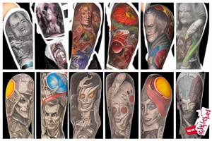 full sleeve, Sci-fi art style, full scene, full sleeve, full color, mars attacks, battle, colorful tattoo idea