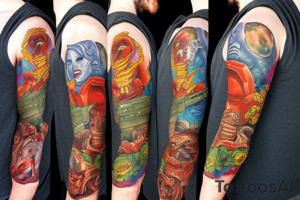full sleeve, Sci-fi art style, full scene, full sleeve, full color, mars attacks, battle, colorful tattoo idea