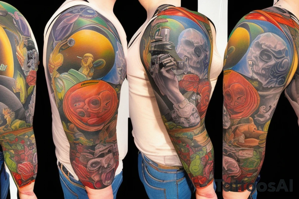 full sleeve, Sci-fi art style, full scene, full sleeve, full color, mars attacks, fight, colorful tattoo idea