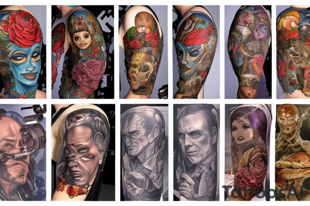 full sleeve, Sci-fi art style, full scene, full sleeve, full color, mars attacks, fight, colorful tattoo idea