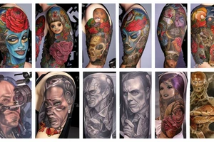 full sleeve, Sci-fi art style, full scene, full sleeve, full color, mars attacks, fight, colorful tattoo idea