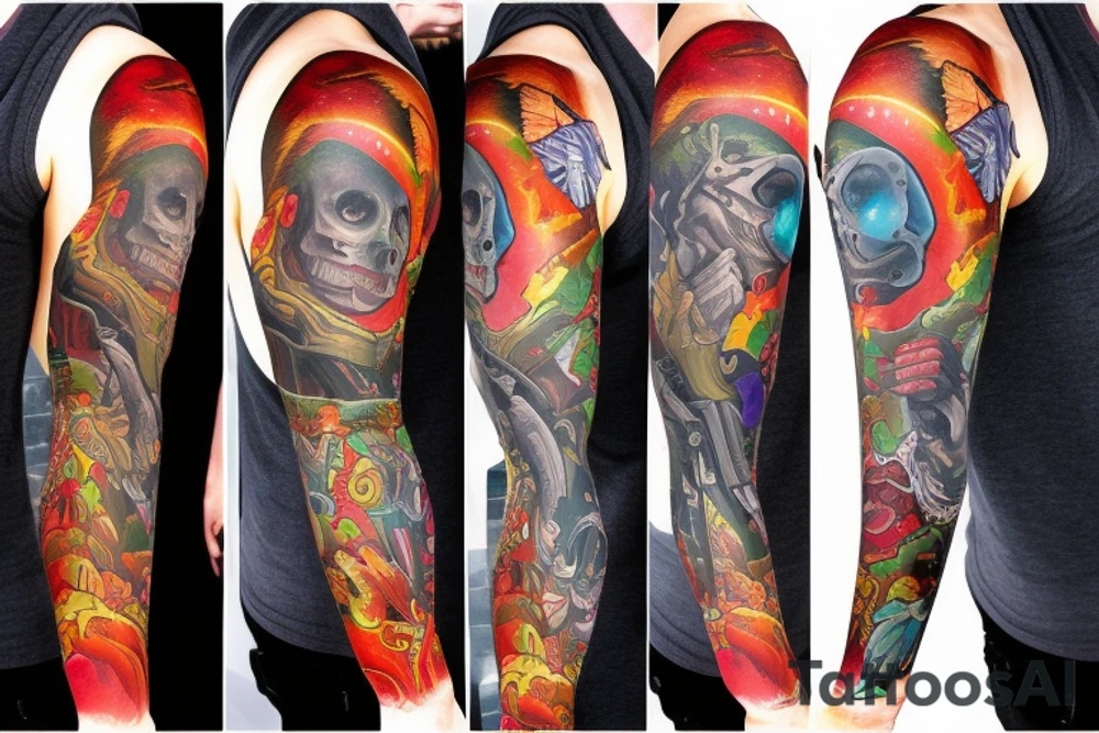 full sleeve, Sci-fi art style, full scene, full sleeve, full color, mars attacks, fight, colorful tattoo idea