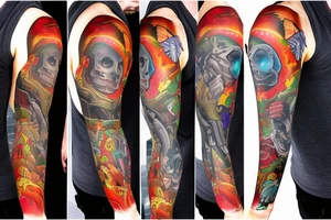 full sleeve, Sci-fi art style, full scene, full sleeve, full color, mars attacks, fight, colorful tattoo idea