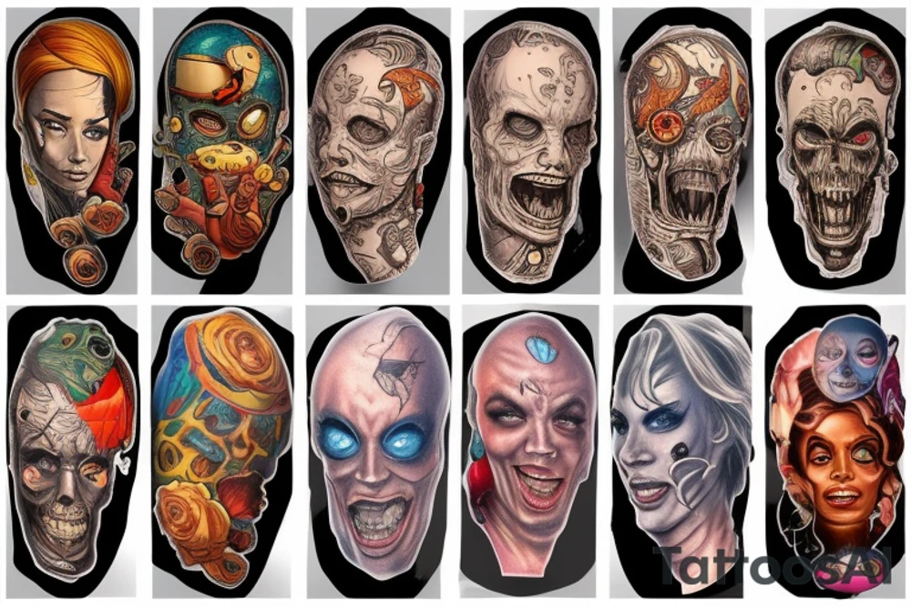 full sleeve, Sci-fi art style, full scene, full sleeve, full color, mars attacks, fight, colorful tattoo idea