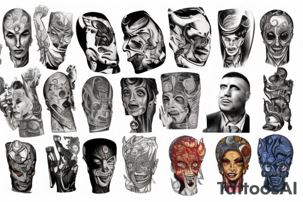 full sleeve, Sci-fi art style, full scene, full sleeve, full color, mars attacks, fight, colorful tattoo idea