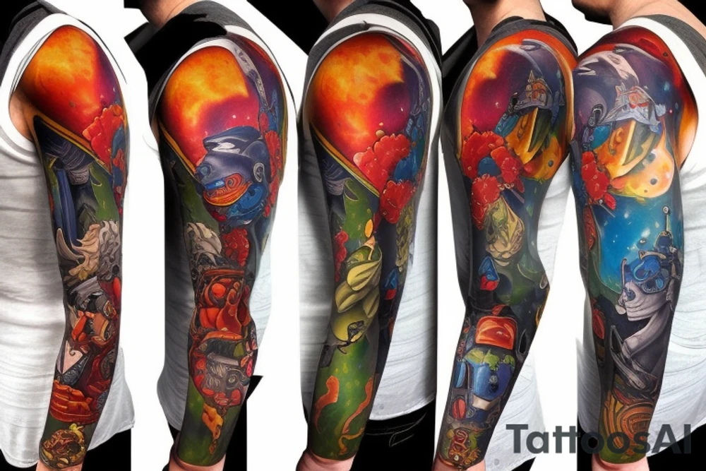 full sleeve, Sci-fi art style, full scene, full sleeve, full color, mars attacks, fight, colorful tattoo idea