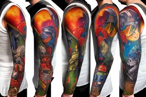 full sleeve, Sci-fi art style, full scene, full sleeve, full color, mars attacks, fight, colorful tattoo idea