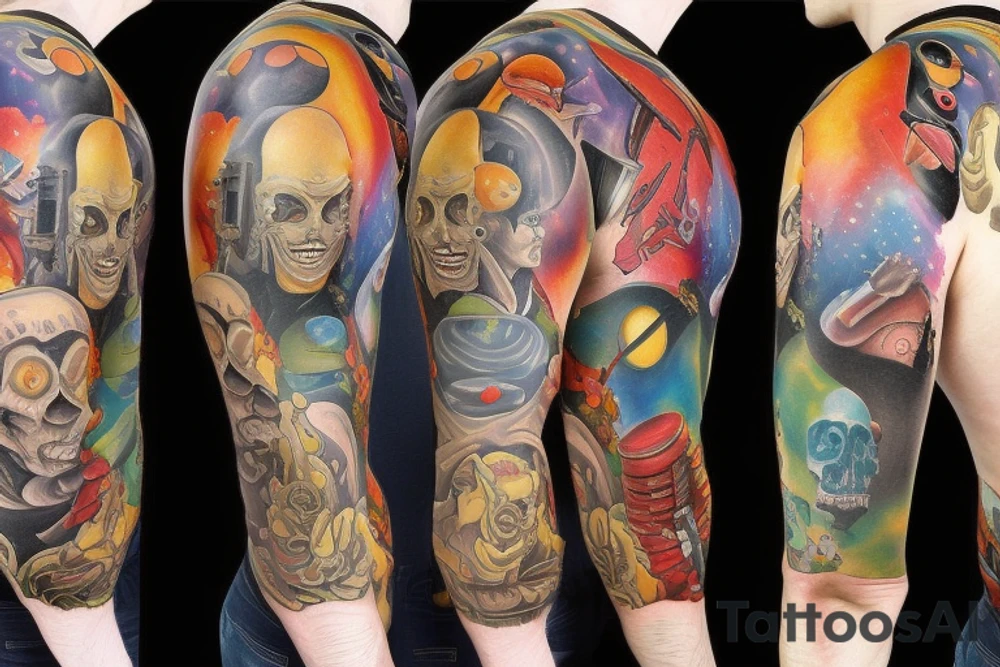 full sleeve, Sci-fi art style, full scene, full sleeve, full color, mars attacks, fight, colorful tattoo idea