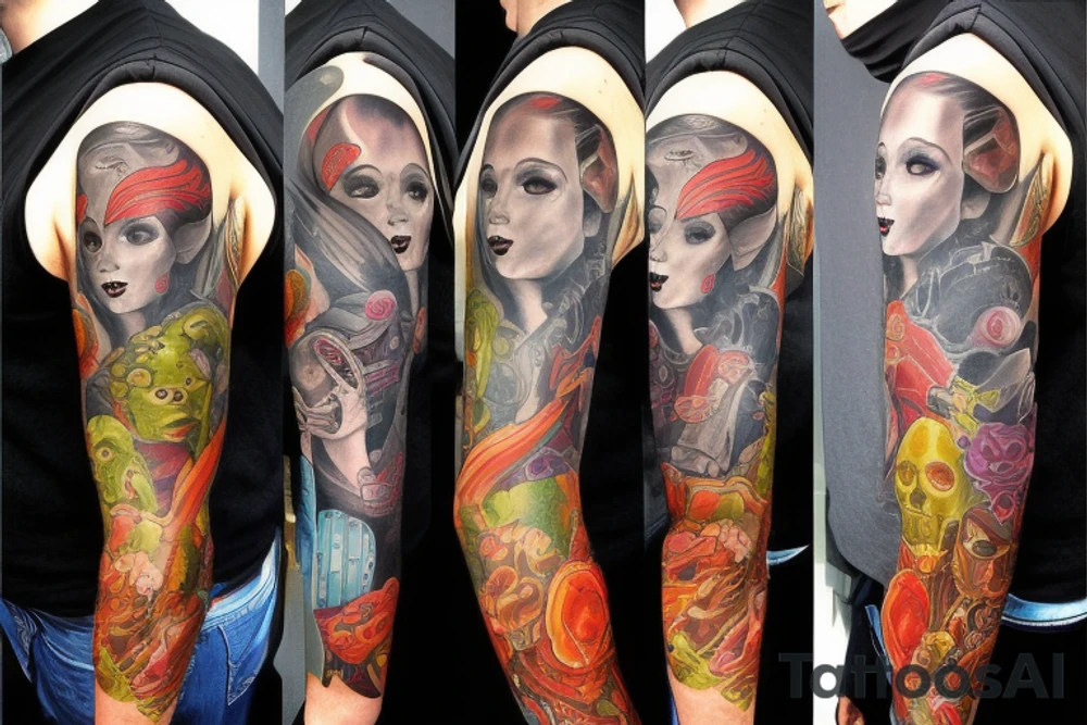 full sleeve, Sci-fi art style, full scene, full sleeve, full color, mars attacks, fight, colorful tattoo idea