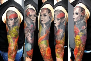 full sleeve, Sci-fi art style, full scene, full sleeve, full color, mars attacks, fight, colorful tattoo idea