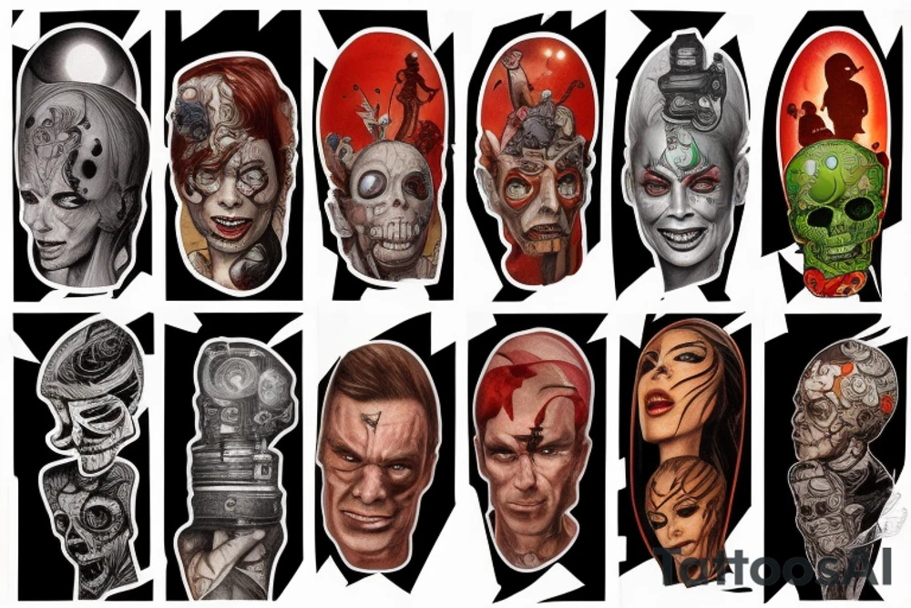 full sleeve, Sci-fi art style, full scene, full sleeve, full color, mars attacks, fight, colorful tattoo idea