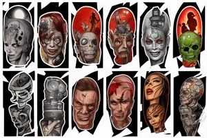 full sleeve, Sci-fi art style, full scene, full sleeve, full color, mars attacks, fight, colorful tattoo idea