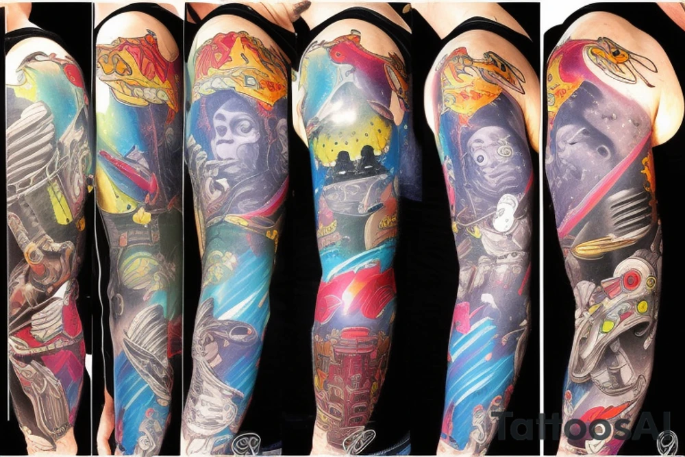 full sleeve, Sci-fi art style, full scene, full sleeve, full color, spaceman, fight, colorful tattoo idea