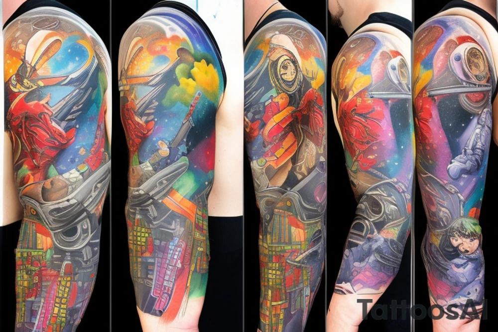 full sleeve, Sci-fi art style, full scene, full sleeve, full color, spaceman, fight, colorful tattoo idea