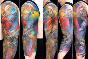 full sleeve, Sci-fi art style, full scene, full sleeve, full color, spaceman, fight, colorful tattoo idea