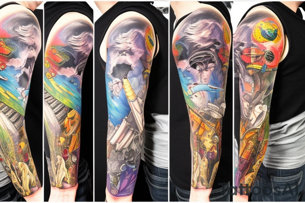 full sleeve, Sci-fi art style, full scene, full sleeve, full color, spaceman, fight, colorful tattoo idea