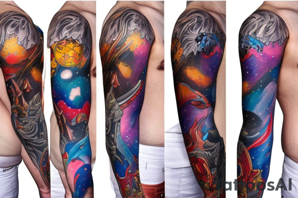 full sleeve, Sci-fi art style, full scene, full sleeve, full color, spaceman, fight, colorful tattoo idea
