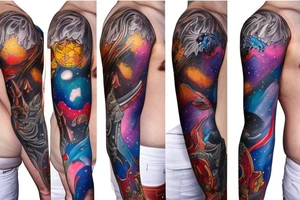 full sleeve, Sci-fi art style, full scene, full sleeve, full color, spaceman, fight, colorful tattoo idea