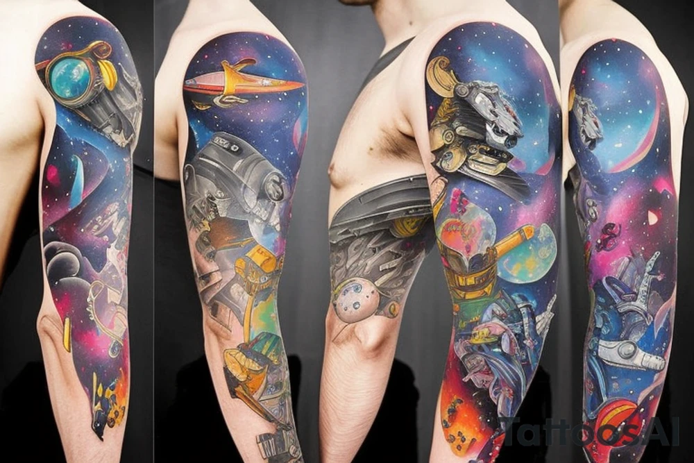 full sleeve, Sci-fi art style, full scene, full sleeve, full color, spaceman, fight, colorful tattoo idea