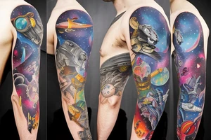 full sleeve, Sci-fi art style, full scene, full sleeve, full color, spaceman, fight, colorful tattoo idea