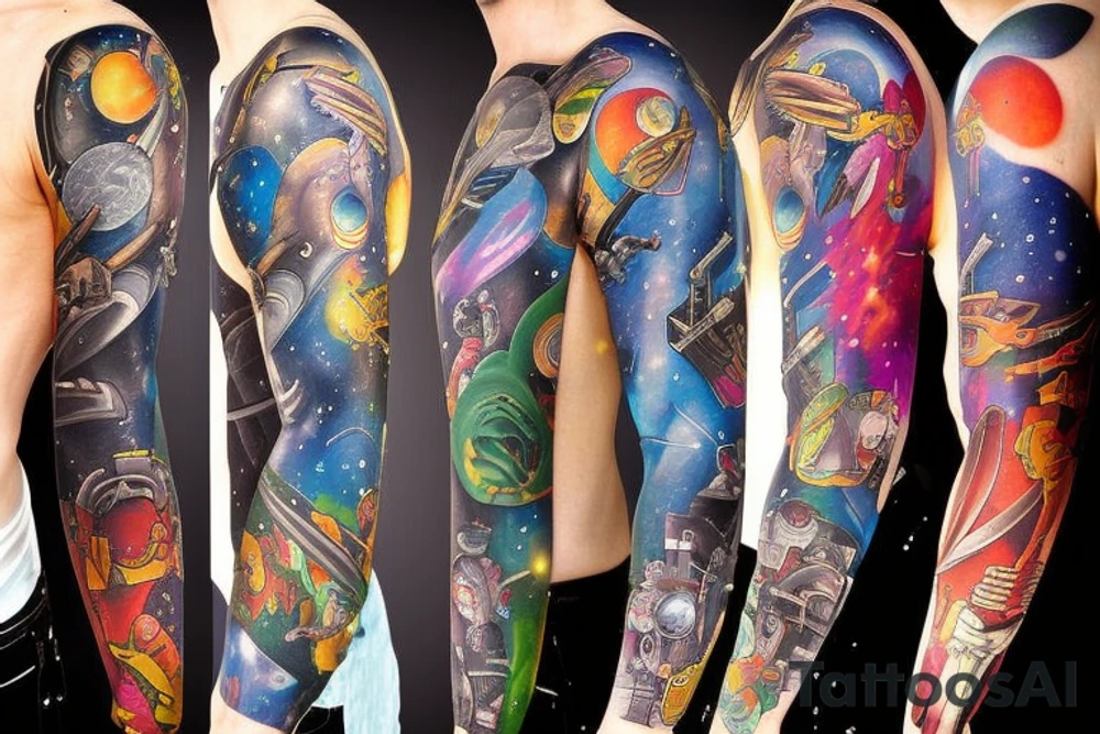 full sleeve, Sci-fi art style, full scene, full sleeve, full color, spaceman, fight, colorful tattoo idea