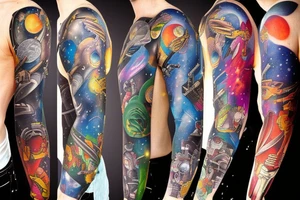full sleeve, Sci-fi art style, full scene, full sleeve, full color, spaceman, fight, colorful tattoo idea