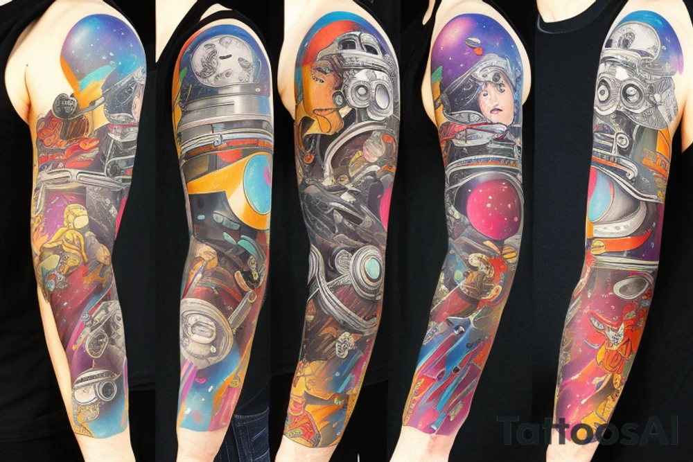 full sleeve, Sci-fi art style, full scene, full sleeve, full color, spaceman, fight, colorful tattoo idea