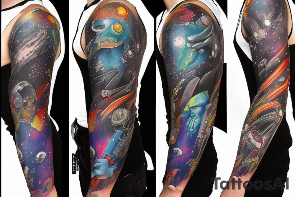 full sleeve, Sci-fi art style, full scene, full sleeve, full color, spaceman, fight, colorful tattoo idea