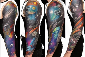 full sleeve, Sci-fi art style, full scene, full sleeve, full color, spaceman, fight, colorful tattoo idea