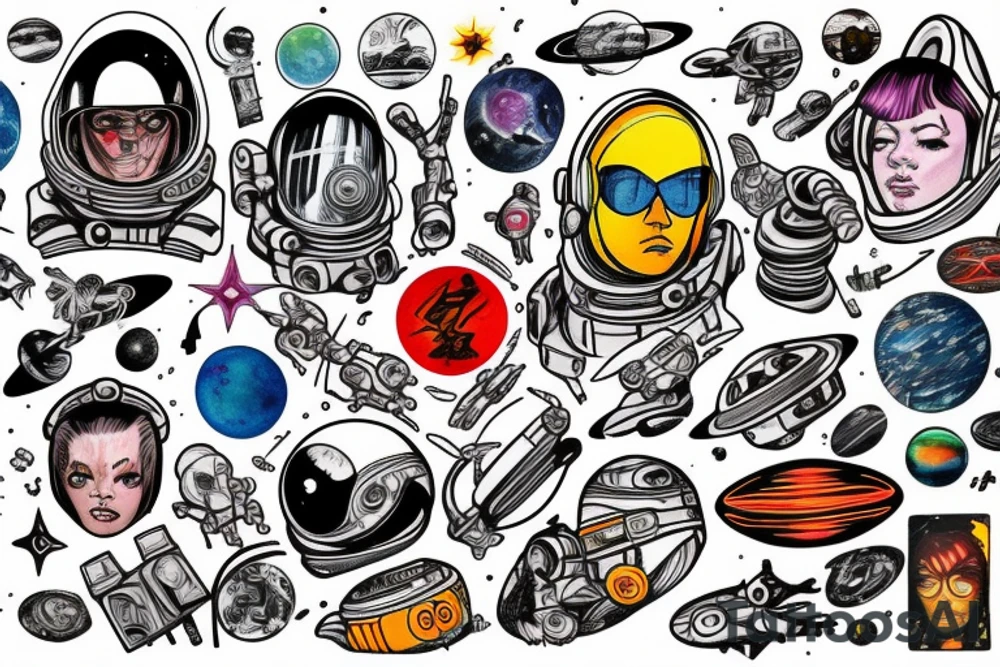 full sleeve, Sci-fi art style, full scene, full sleeve, full color, spaceman, fight, colorful, 1960's, retro tattoo idea